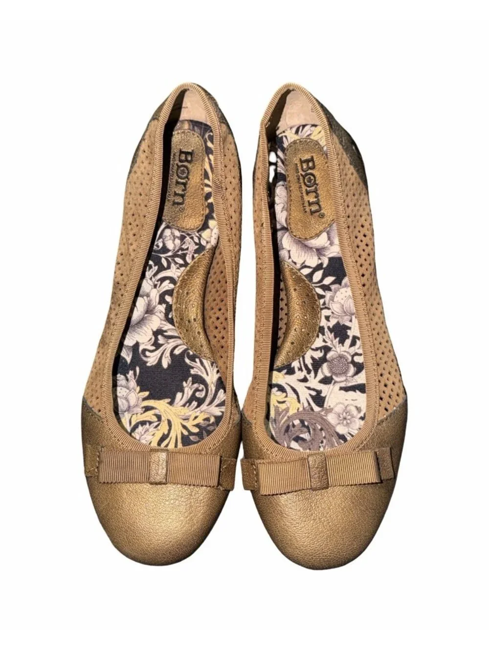 Born Mardea Ballet Flats Shoes Bronze Perforated Leather Slip On Bow Women’s 9 M